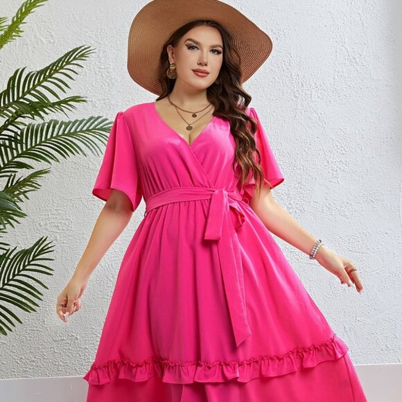 Honey Belted Frill Trim Flutter Sleeve Dress - Picture 1 of 8